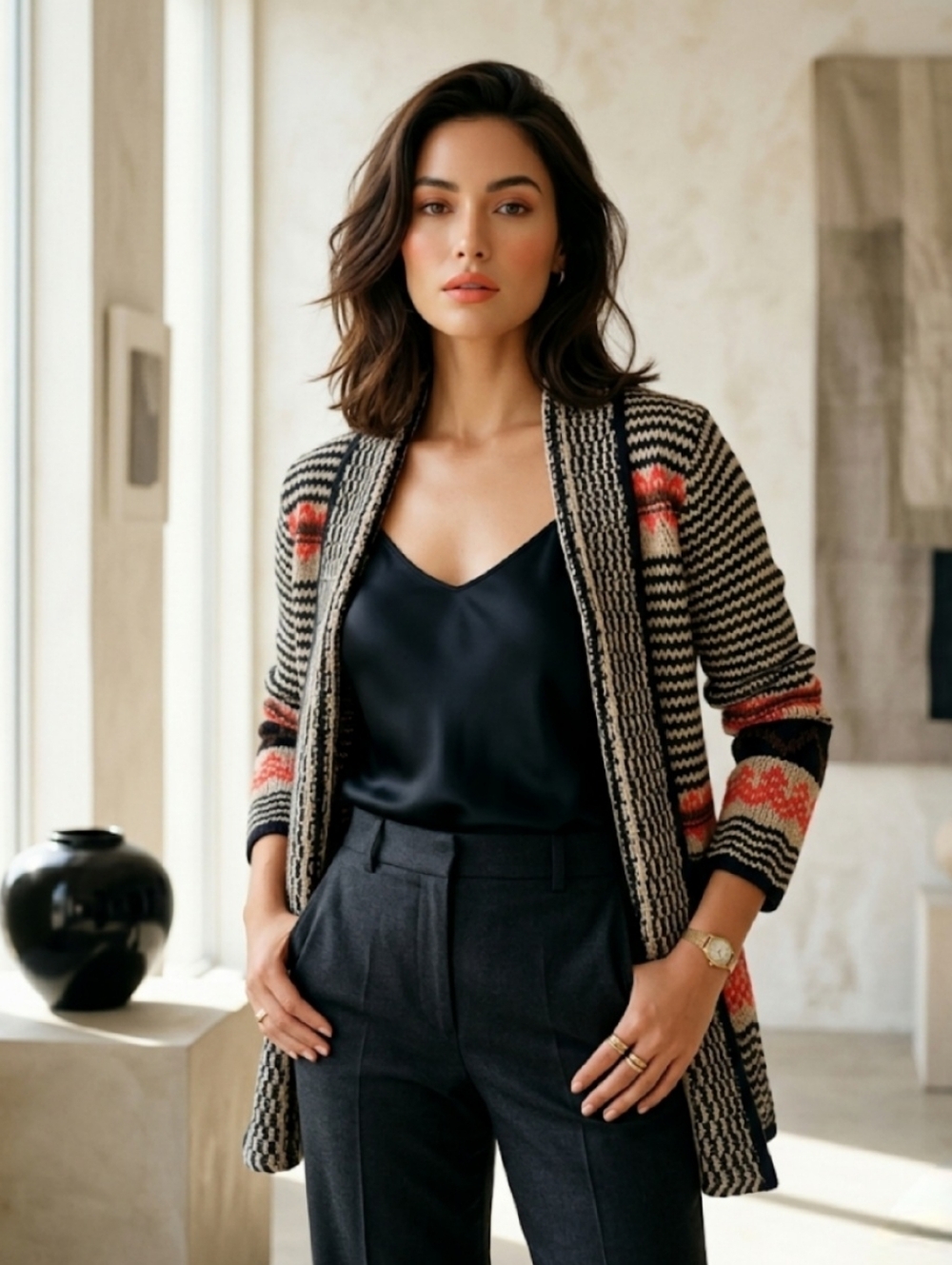 Pink Rose Multicolor Long Sleeve Open Front Cardigan Casual Sweater Medium